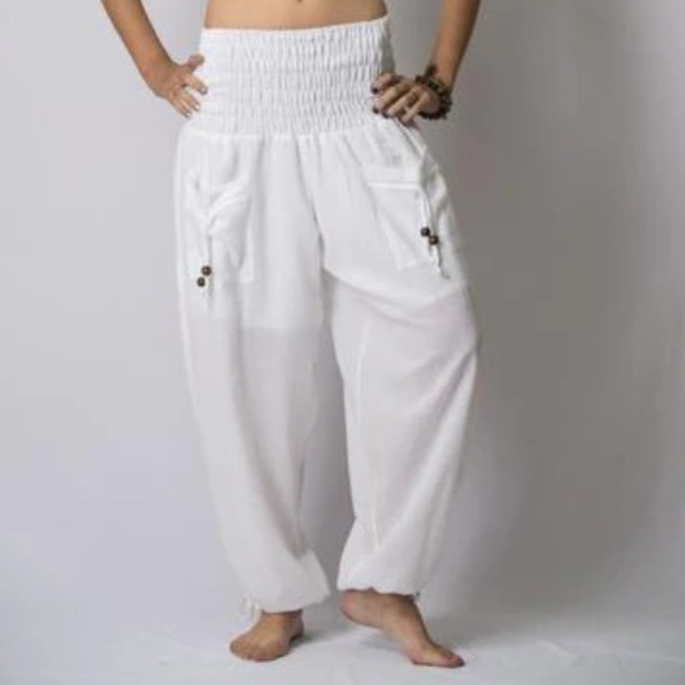 White Smocked Waist Jogger Pant